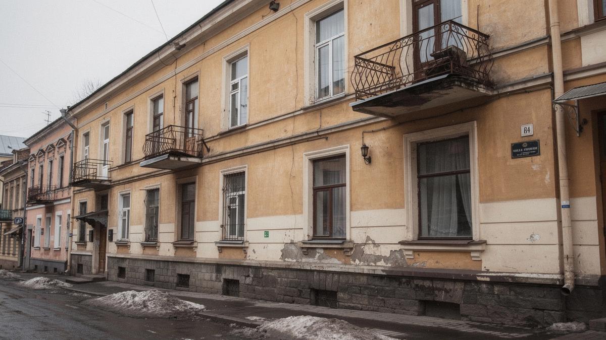Ochre apartment facade with balconies on a Podil street in Kyiv
