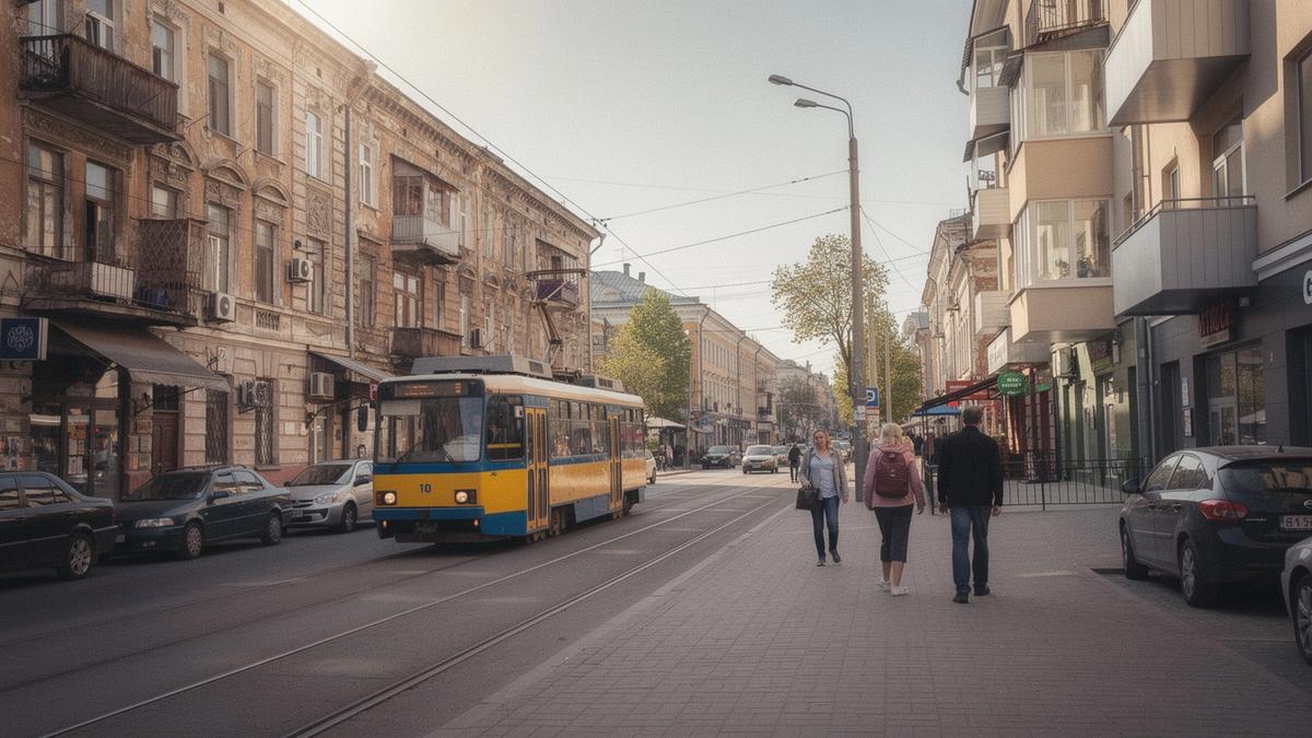 Tram passing mid-rise apartment blocks in Kyiv